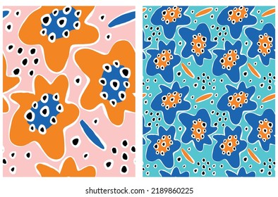 Simple Floral Seamless Vector Pattern with Abstract Hand Drawn Blue and Orange Flowers isolated on a Blue and Pink Background. Abstract Blooming Garden Repeatable Print ideal for Fabric, Textile. 