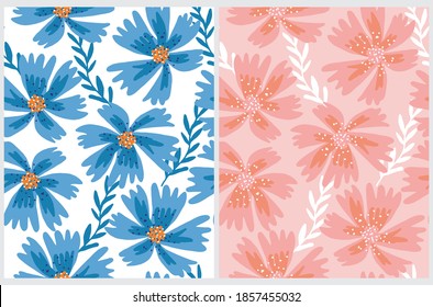 Simple Floral Seamless Vector Patterns Set. Blue and Red Hand Drawn Flowers Isolated on a White and Light Red Background. Blossom Garden Repeatable Prints ideal for Fabric, Textile. 