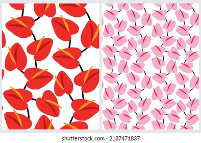 Simple Floral Seamless Vector Patterns with Red and Light Pink Calles Isolated on a White Background. Tropical Flowers with Long Red Stamen. Abstract Blooming Flower Print ideal for Fabric, Textile.