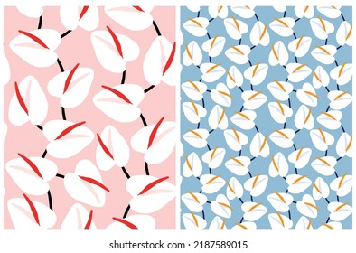 Simple Floral Seamless Vector Patterns with White Calles Isolated on a Pastel Pink and Blue Background. Tropical Flowers with Long Red Stamen. Abstract Blooming Flower Print ideal for Fabric, Textile.