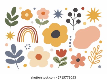 Einfache Blumenformen im modernen Flachstil für kreative und spielerische Designthemen. Geeignet für Webgrafiken, Schreibwaren, Branding-Kits und digitale Produkte.