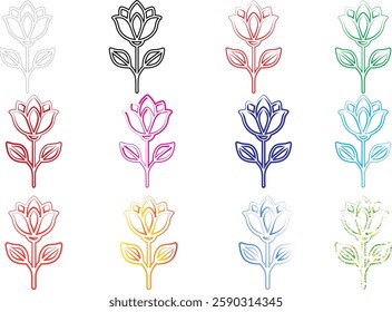 Simple floral sketches, colorful line drawings, minimalist flower illustrations, pastel hues, hand-drawn botanical designs, whimsical plant doodles, multi-colored flower outlines, childlike flower art