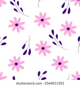  Simple floral small daisy flowers seamless pattern. Botanical flower pattern background for textile. Vector Eps