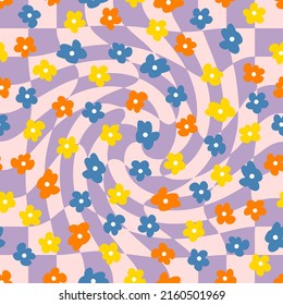 Simple floral swirl background pattern with small flowers. Trippy checkered print in 1970s style for T-shirt, textile and fabric. Doodle vector illustration for decor and design.


