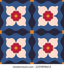 Einfaches Blumenmuster. Vektornahtlose Textur mit symmetrischen Blumen und geometrischen Formen. Schöner Hintergrund im Retrostil