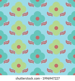 simple floral vector art repeating 60s inspired pattern in yellow and duck egg blue on a sky blue background with red decorative elements