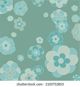 Simple Floral Vector Background Pattern. Pastel Green Flowers with Contour on Green Background. Cute Pattern for Print, Paper, Design