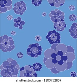Simple Floral Vector Background Pattern. Blue Flowers with Contour on Light Blue Background. Cute Pattern for Print, Paper, Design