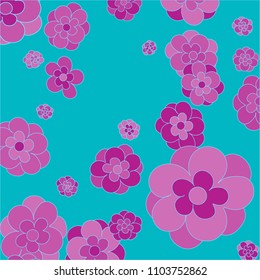 Simple Floral Vector Background Pattern. Pink Flowers with Contour on Blue Background. Cute Pattern for Print, Paper, Design