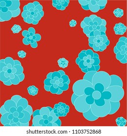 Simple Floral Vector Background Pattern. Blue Flowers with Contour on Red Background. Cute Pattern for Print, Paper, Design