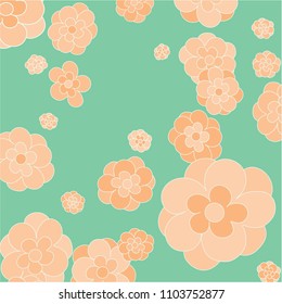 Simple Floral Vector Background Pattern. Pastel Orange Flowers with Contour on Green Background. Cute Pattern for Print, Paper, Design