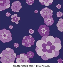 Simple Floral Vector Background Pattern. Purple Flowers with Contour on Dark Violet Background. Cute Pattern for Print, Paper, Design