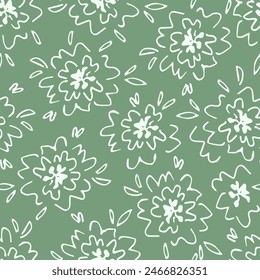 Ilustración vectorial floral simple en contorno negro. Flores claras sobre un fondo verde. Para estampados de tela, productos textiles, ropa.