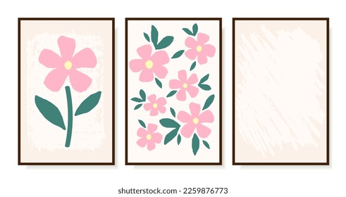 Simple floral vector illustration. Set of posters, pink delicate flowers, frame, empty space. Wall decor, postcards, covers.