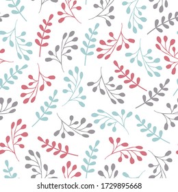 Simple floral vector pattern. Cute pastel colors. Simple shapes. Seamless botany texture. Minimalism style. Primitive leaves and flowers. Decorative textile ornament. Repeate background. Folk motifs.