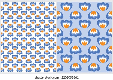 Simple Floral Vector Pattern. Geometric Floral Ornament Print with Blue-Orange Flowers Isolated on a White and Pastel Blue Background. Abstract Blooming Garden Repeatable Design ideal for Fabric.