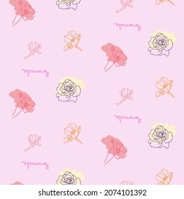 Simple floral vector pattern on the pink background. Colored flowers. Roses, daisies, blossoms. Abstract brush spots. Pink, purple flowers. Spring lettering. Spring mood.