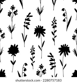 Simple floral vector seamless black   white pattern  Wildflowers silhouette  For fabric prints  textile products  packaging 