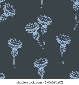 Simple floral vector seamless pattern. Light cornflower buds on a dark blue-green background. Wildflowers, rural style. For prints of fabric, textile product, bedding, clothes.