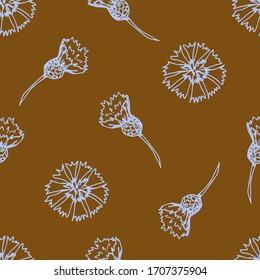 Simple floral vector seamless pattern. Light contour of flowers, cornflowers on an orange-brown background, ocher color, sienna. For prints of fabric, textile products, wallpaper, clothing, bedding.