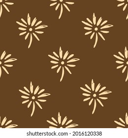 Simple floral vector seamless pattern. Light beige flowers on a dark brown background. For prints of fabrics, textile products, men's shirts, ties, clothing, stationery.