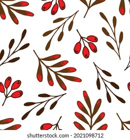 Simple floral vector seamless pattern for autumn winter season. Brown dry twigs, leaves, red berries on a white background. For prints of fabric, textile products, wrapping paper, stationery.