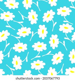 Simple floral vector seamless pattern. White chamomile on a light blue background. For fabric prints, textile products, clothing, stationery.