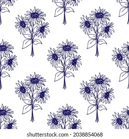 Simple floral vector seamless pattern. Blue bouquets of sunflowers on a white background. For prints of fabric, textile products, paper.