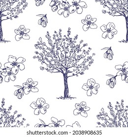 Simple floral vector seamless pattern in toile style. Blooming tree and sakura flowers on a white background. For fabric prints, wallpaper, textile products.