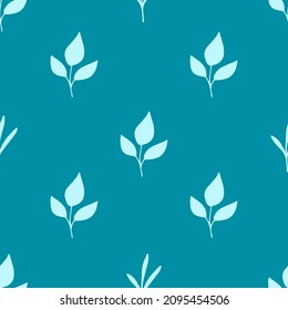 Simple floral vector seamless pattern. Light twigs, leaves on a blue background. For prints of men's shirts, fabrics, textiles.