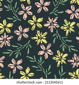 Simple floral vector seamless pattern. Yellow, pink flowers, twigs on a dark background. For fabric prints, textile products, clothing.