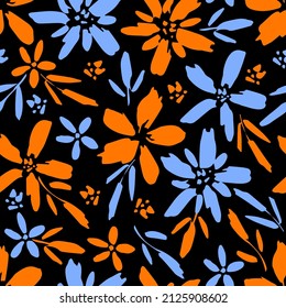 Simple floral vector seamless pattern. Blue, orange flowers and leaves on a black background. For fabric prints, textile products.