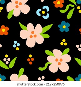 Simple floral vector seamless pattern. Bright flowers, green leaves on a black background. For fabric prints, textile products, clothing.