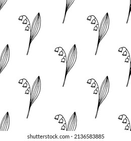 Simple floral vector seamless pattern. Spring flower lily of the valley. Black and white drawing. For packaging, paper, fabric prints.