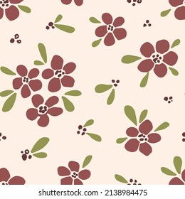 Simple floral vector seamless pattern. Burgundy flowers, green leaves on a light pink background. For fabric prints, textile products. Spring summer collection.
