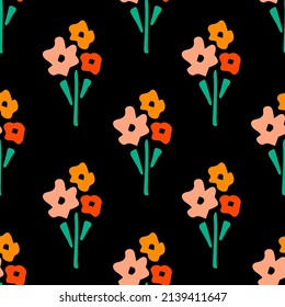 Simple floral vector seamless pattern. Small bouquet of flowers on a black background. For fabric prints, textile products, clothing, interior decor.