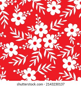 Simple floral vector seamless pattern. White flowers, leaves, twigs on a bright red background. For prints of fabric, textile products, clothing, stationery.