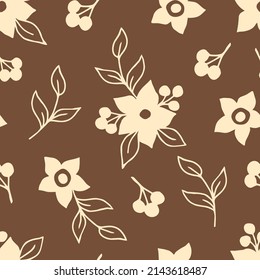 Simple floral vector seamless pattern. Light beige flowers, leaves, twigs on a brown background. For fabric prints, textiles, apparel, home decor.