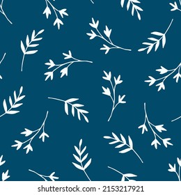 Simple floral vector seamless pattern. Light twigs, leaves on a dark blue background. For fabric prints, textiles, clothing, men's shirts.