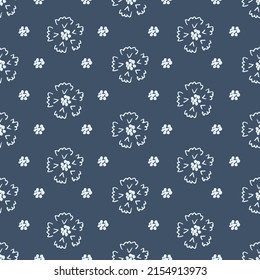 Simple floral vector seamless pattern. Light flowers on a dark blue background. For printing on fabric, textile, clothing, men's shirt.