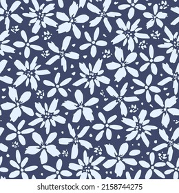 Simple floral vector seamless pattern. Light flowers on a dark blue background. For fabric prints, textiles, clothing. Spring summer collection.