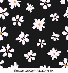 Simple floral vector seamless pattern. Light pink flowers on a black background. For fabric prints, textiles, clothes. Spring-summer collection.