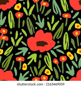 Simple floral vector seamless pattern. Bright red poppies, flowers, green grass and leaves on a black background. For printing on fabrics, home textiles, clothing. Summer collection.