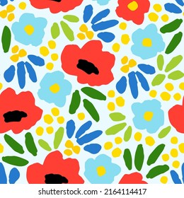 Simple floral vector seamless pattern. Bright blue flowers, red poppies, green leaves on a light background. For fabric prints, textile products. Spring summer collection.