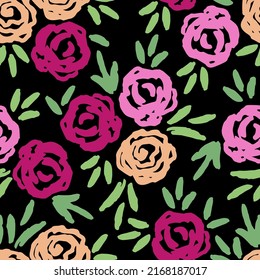 Simple floral vector seamless pattern. Pink roses, flowers, green leaves on a black background. For fabric prints, textiles. Spring-summer collection.