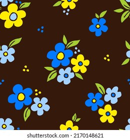 Simple floral vector seamless pattern. Bright blue, yellow field flowers, green leaves on a dark brown background. For fabric prints, textile products. Spring summer collection.