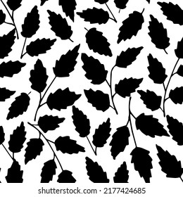 Simple floral vector seamless pattern. Black silhouette of leaves on a white background. For fabric prints, textiles. Autumn-summer collection. Seasonal leaf fall.
