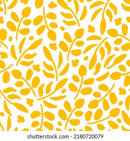 Simple floral vector seamless pattern. Yellow leaves, branch and twig on a white background. For fabric prints, textiles. Autumn summer collection.