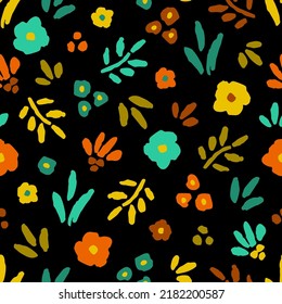 Simple floral vector seamless pattern. Bright multi-colored field flowers, branch and leaves on a black background. For fabric prints, textile products. Autumn summer collection.