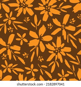 Simple floral vector seamless pattern. Bright orange flowers, leaves and branches on a brown background. For fabric prints, textiles. Autumn-summer collection.